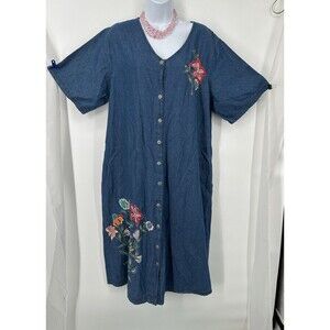 La Cera Plus Size 1X Denim Dress Vintage 90s Embroidered Floral Pockets cottage